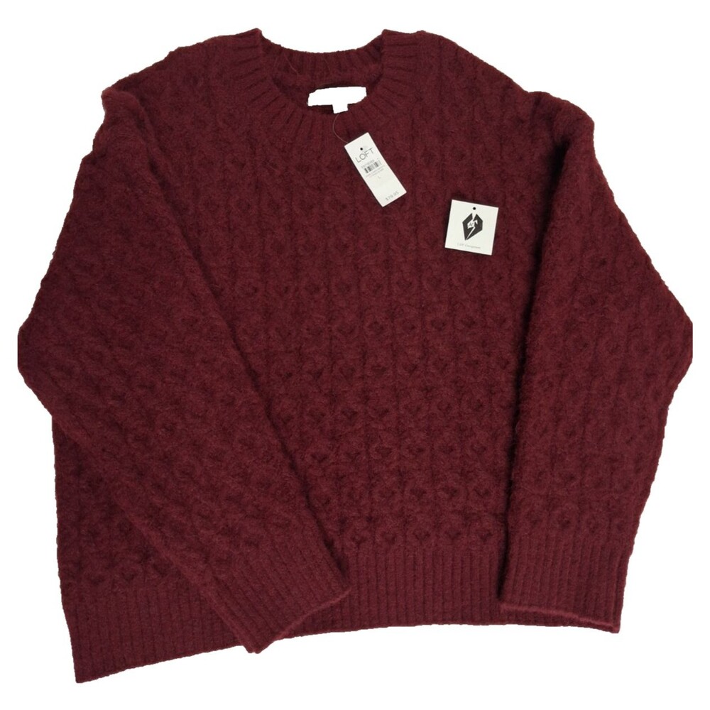 Loft Women's NWT Burgundy Thick Braided Cable Knit Fuzzy Long Sleeve Sweater L